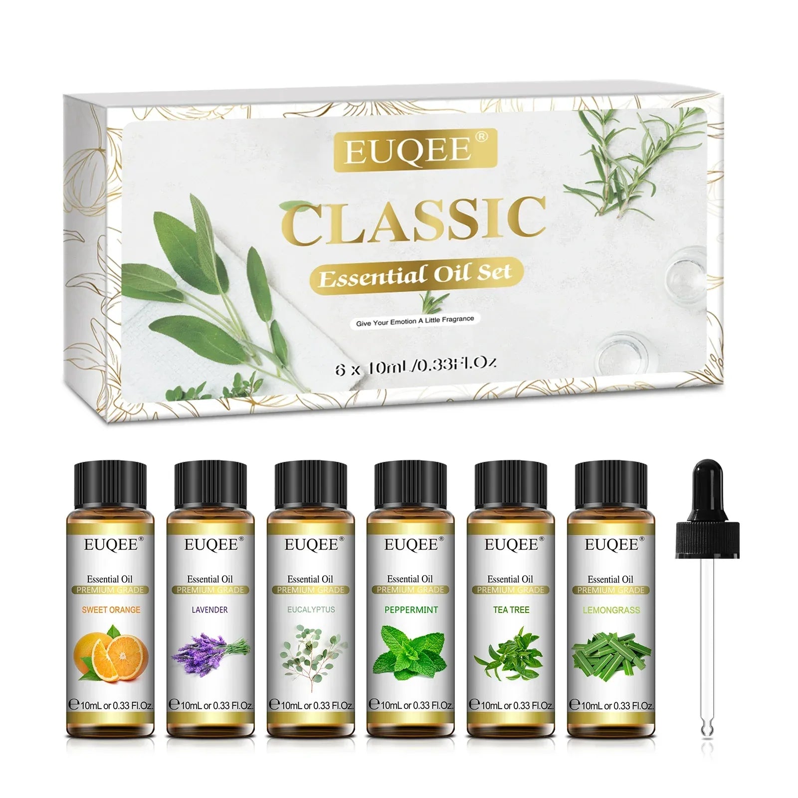 🌿 EUQEE 6-Piece Essential Oils Set – Premium Aromatic Oils for Humidifier and Diffuser, Including Lavender, Eucalyptus, Peppermint, Tea Tree, Sweet Orange, and Lemongrass﻿ Default Title