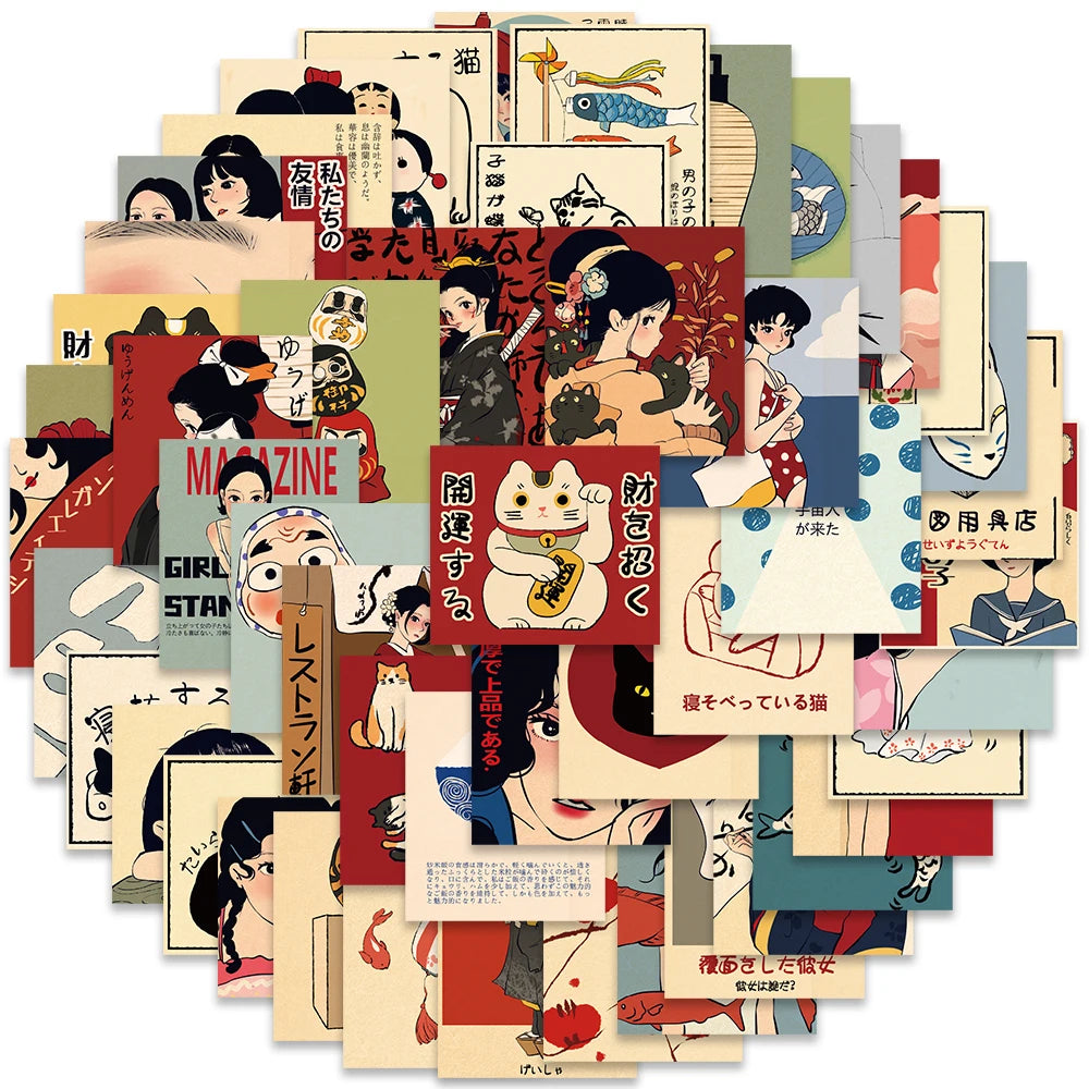🎨 50pcs Vintage Classic Japanese Anime Scrapbook Stickers – DIY Diary, Laptop, Luggage, Skateboard Graffiti Decals | Free Shipping