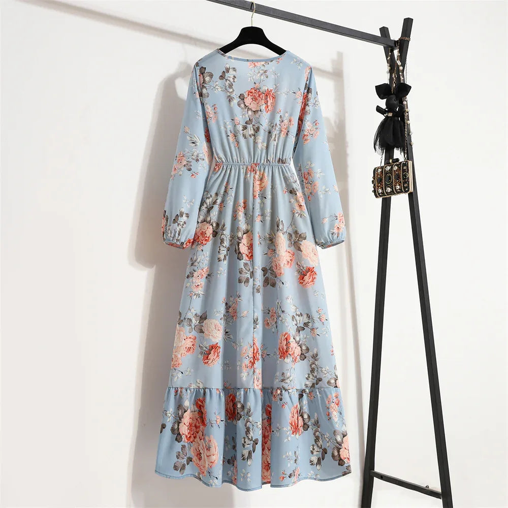 Women’s Bohemian Maxi Dress - Casual Chiffon Dress with Full Sleeves, High Waist, and Floral Print for Spring and Autumn
