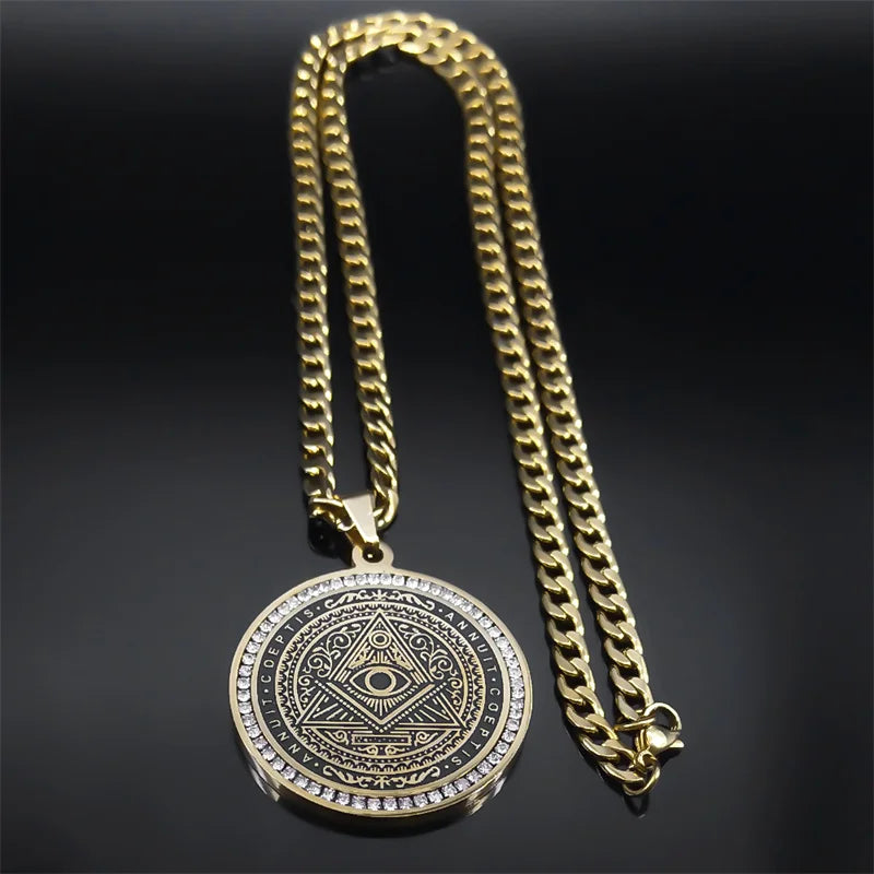 👁️ Eye of Providence Illuminati Pyramid Necklace – Large Crystal Pendant | Men's Hip Hop Style | Stainless Steel Gold Color Chain Accessories