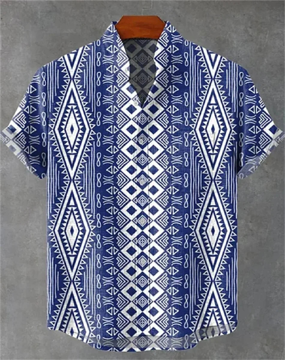 🌍 The Ethnic Heritage Edition: Premium Men’s Retro Linen Shirt – High-Definition Tribal Graphic Print, Breathable Organic Cotton-Linen Blend, and Sophisticated Modern-Fit Holiday Streetwear สีขาว