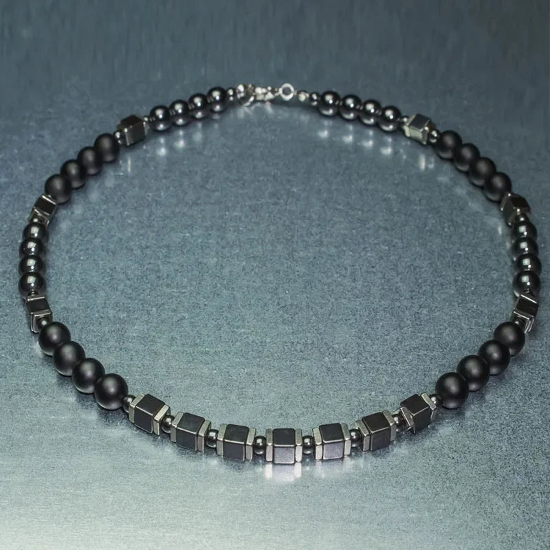 ✨ Men’s Gemstone Necklace – Black Agate & Hematite Cube Beads – Bold Style and Spiritual Protection