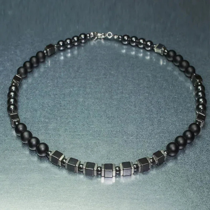 ✨ Men’s Gemstone Necklace – Black Agate & Hematite Cube Beads – Bold Style and Spiritual Protection a221