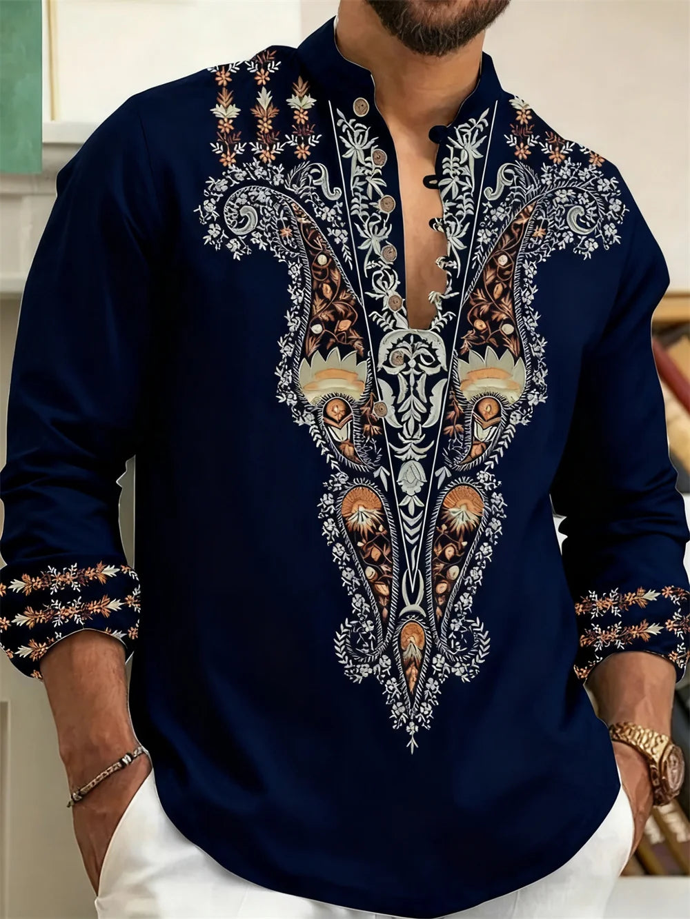 🎨 The Ethnic Floral Artisan: Premium Men’s Modern Long-Sleeve Shirt – High-Definition Tribal Botanical Graphic Print, Sophisticated Modern-Fit Tailoring, and Breathable All-Season Casual Button-Down ZW7806