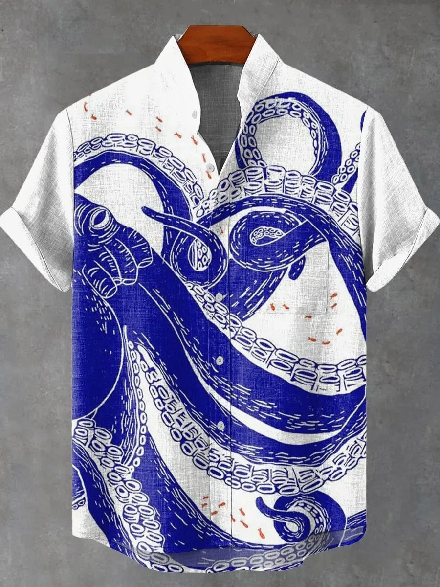 🐙 The Abyssal Kraken Art Edition: Premium Men’s Organic Linen Shirt – High-Definition Deep Sea Giant Octopus Print, Breathable Short-Sleeve Casual Button-Down, and Sophisticated Nautical Graphic Top SFQQQD263