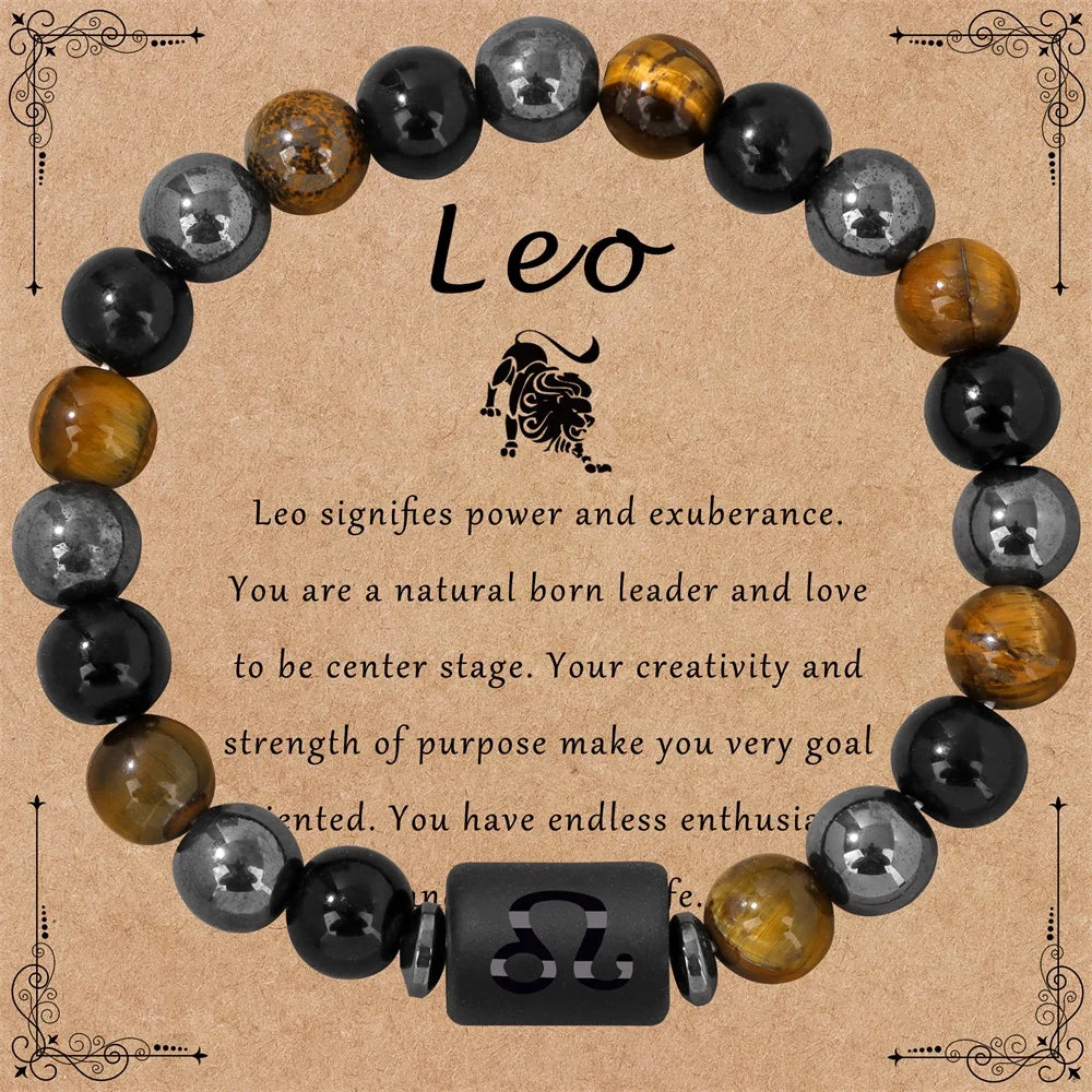 ✨ 12 Constellation Zodiac Sign Bracelet – Tiger Eye, Hematite & Obsidian Triple Protection Stone Beaded Bangle – Empowering Energy Jewelry Gift Leo