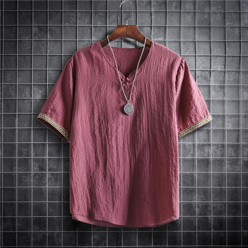 ✨ The Seoul Minimalist: Premium Men’s Plus Size Hawaiian Shirt (M-5XL) – Ultra-Lightweight Solid Color Fabric, Korean "Clean Fit" Aesthetic, and Breathable Short-Sleeve Casual Button-Down Wine Red Blouse