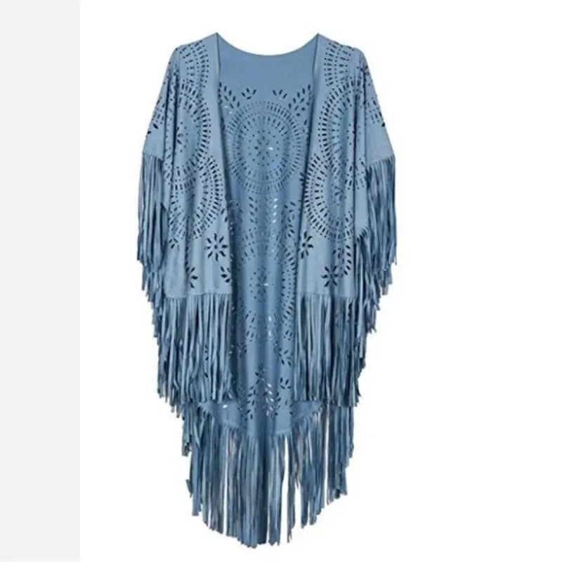 Camel Suede Fringe Shawl - Vintage Bohemian Floral Hollow Out Poncho Cape for Autumn One Size 7
