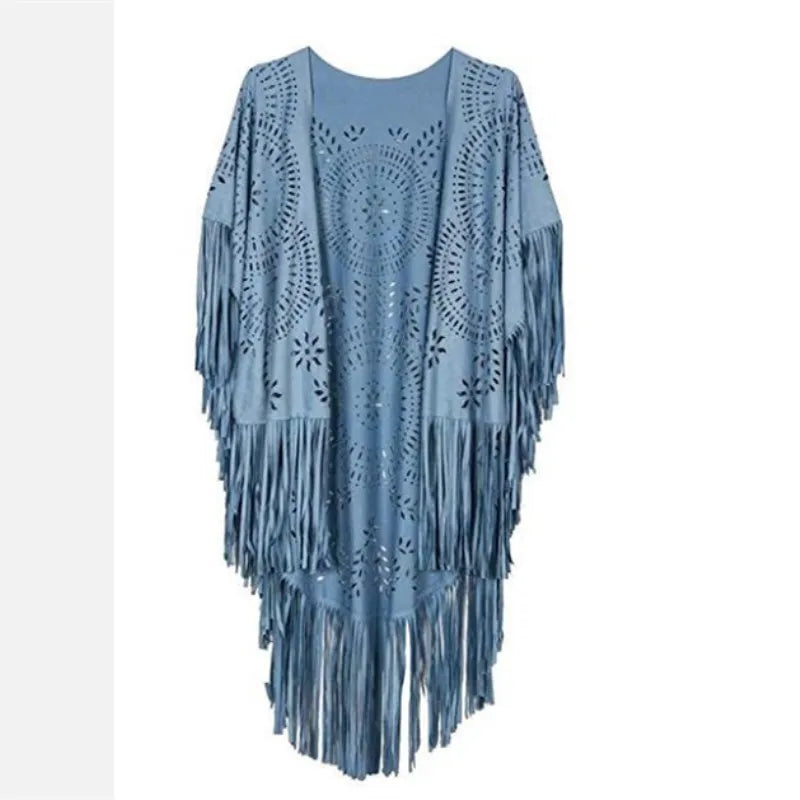 Camel Suede Floral Hollow Out Fringe Tassel Shawl Women Vintage Capes Ponchos Autumn Bohemian cardigan Cloak Boho Capes One Size 7