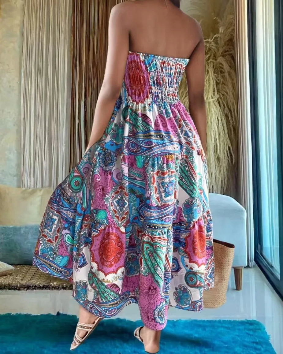 👗 Fashion Boho Printed Long Skirt – Casual Retro Vacation Style with Elastic Waist and A-line Big Hem for Women, Spring Summer New