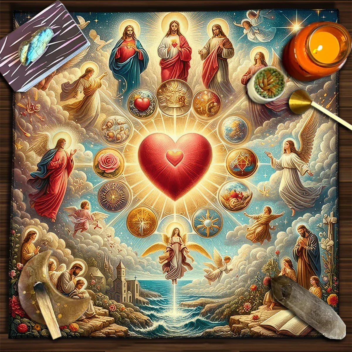 🔮 Sacred Heart & Celestial Symbols Tarot Tablecloth – Mystical Astrology Altar Cloth for Tarot Readings, Divination & Meditation TLB (892)