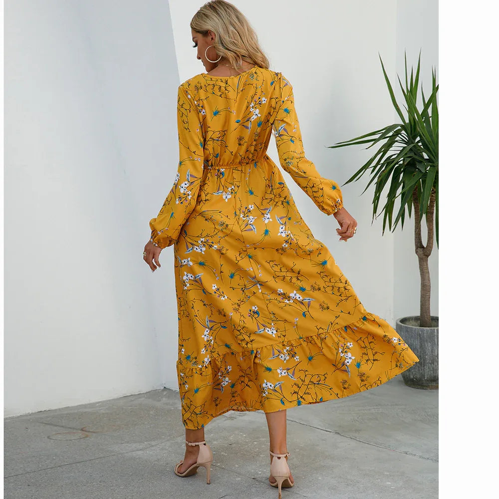 Women’s Bohemian Maxi Dress - Casual Chiffon Dress with Full Sleeves, High Waist, and Floral Print for Spring and Autumn