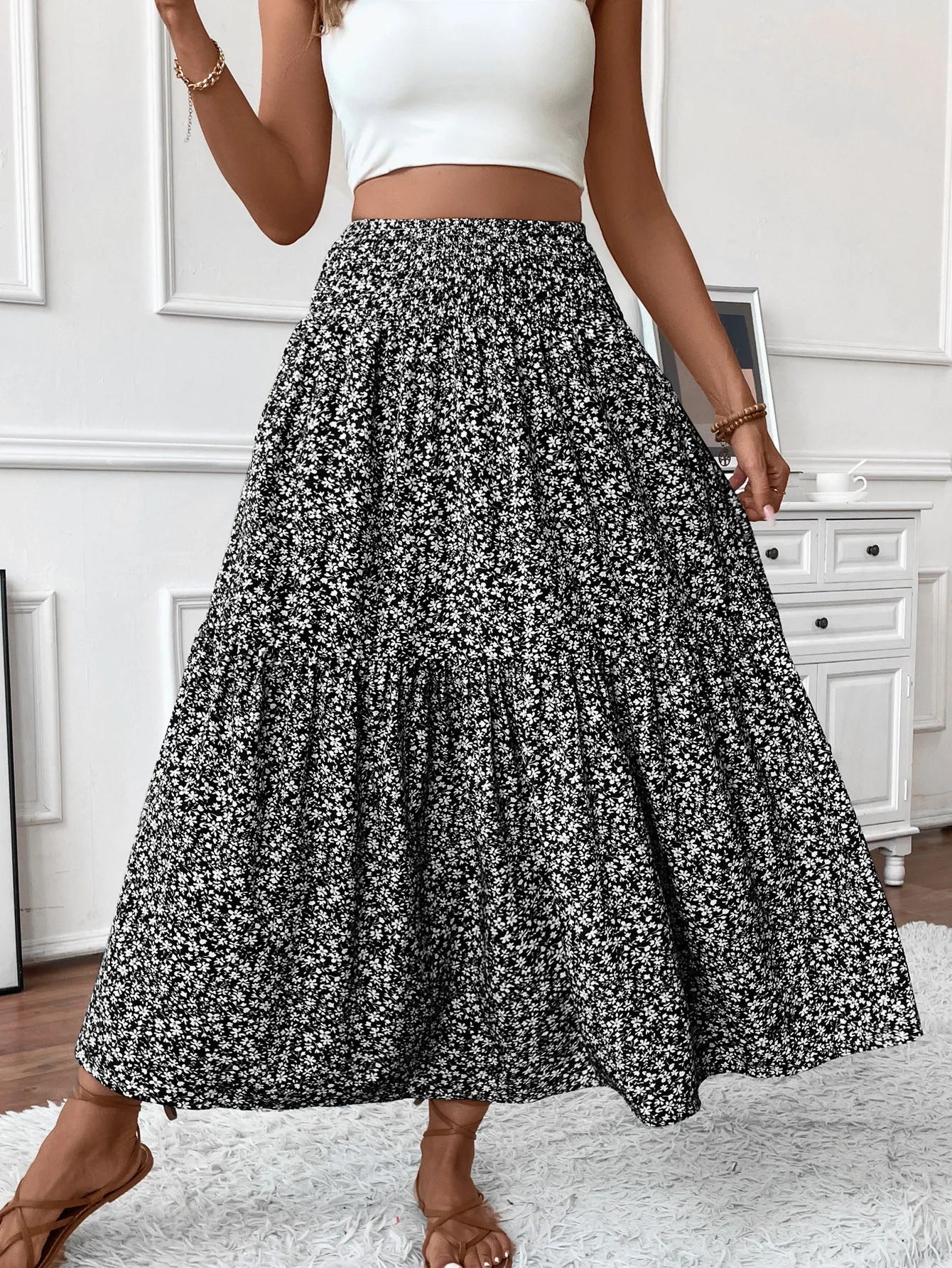 Women Floral Pleated Skirt – Retro High Waist Long Skirt for Stylish Casual Beach Wear Brown