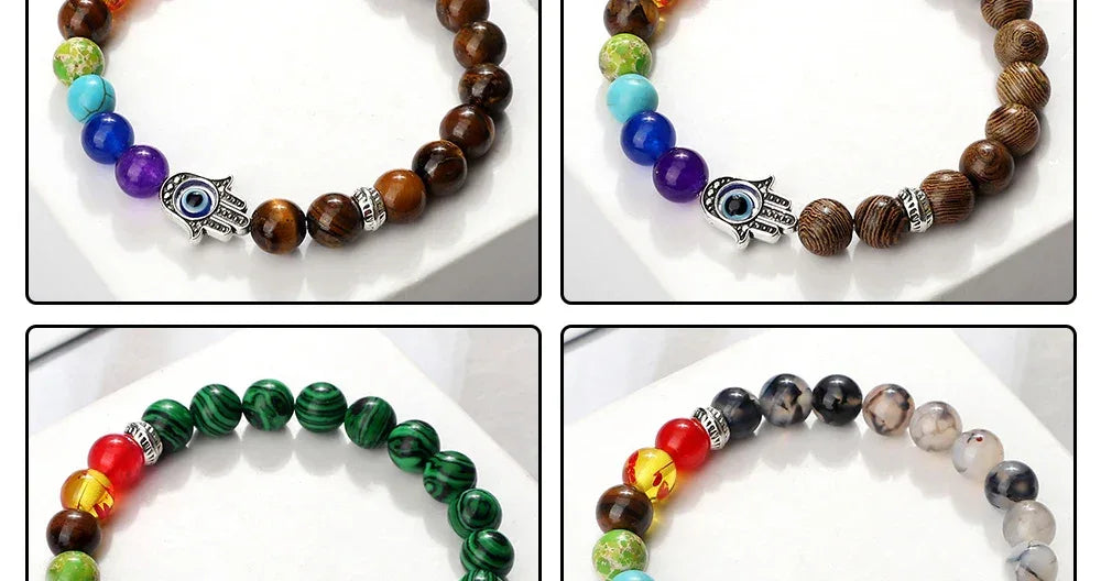 🧿 7 Chakra Protection Bracelet for Men: Natural Tiger Eye & Lava Stone with Evil Eye & Hamsa Hand – Anxiety Relief, Luck & Energy Healing Bangle