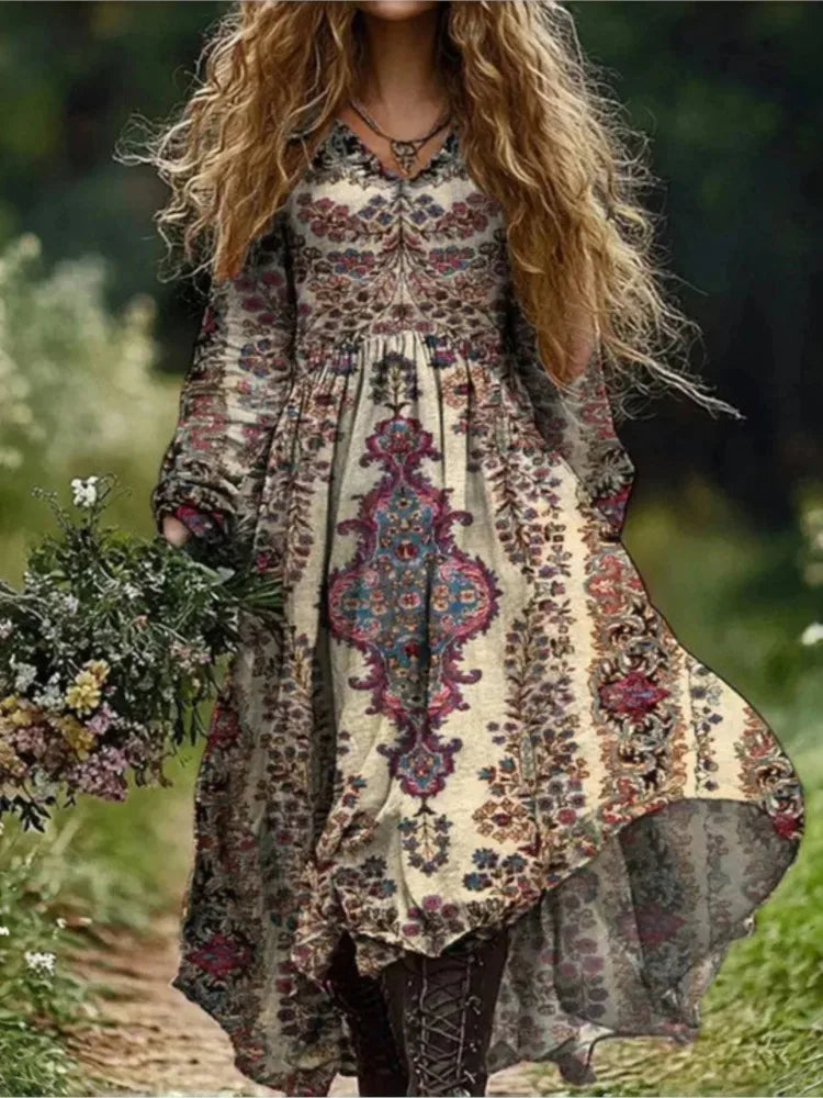 🛍️ Casual Women’s Vintage Printed Dress – V-Neck, Long Sleeves, Loose Large Swing Dress for Spring & Autumn