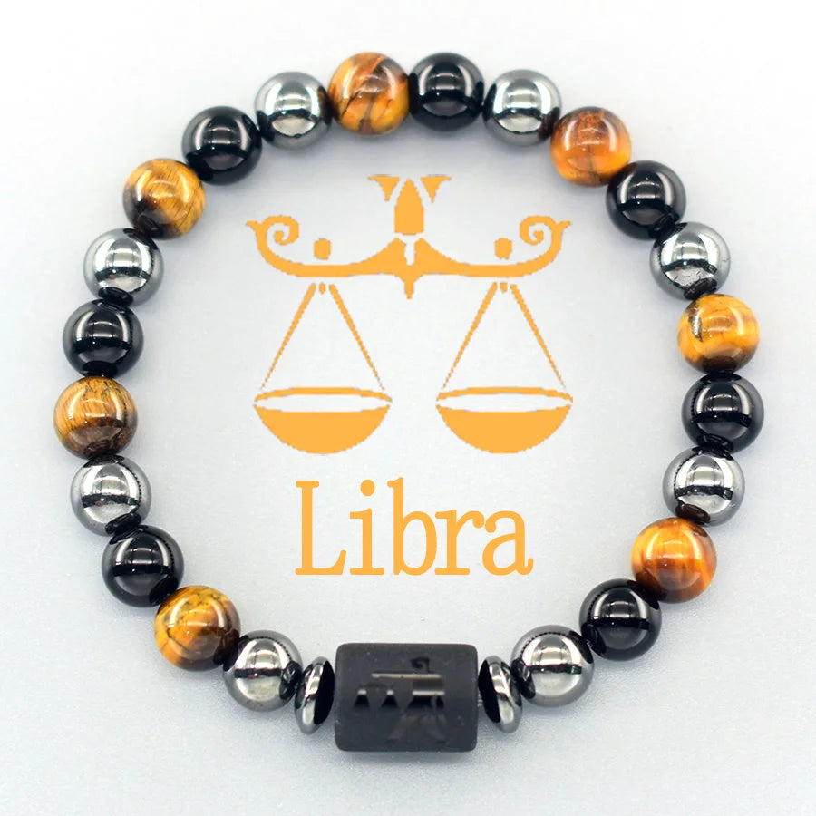 ✨ 12 Zodiac Sign Bracelet Homme – Natural Yellow Tiger Eye Stone & Hematite Constellation Bangle – Cancer, Taurus, Libra Astrology Bracelet for Women 6 Libra 8 mm Beads