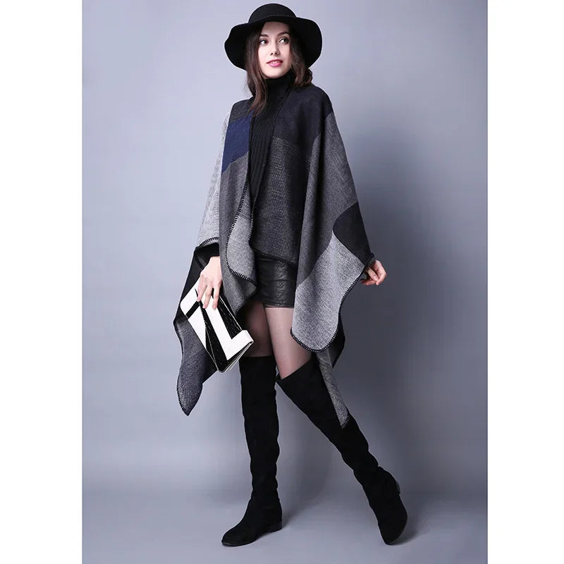 Winter Fashion Poncho Women Capes Scarf Imitation Cashmere Ladies Scarves Warm Shawls Wraps Woman Ponchos Bufanda Mujer Foulard One Size 2-black