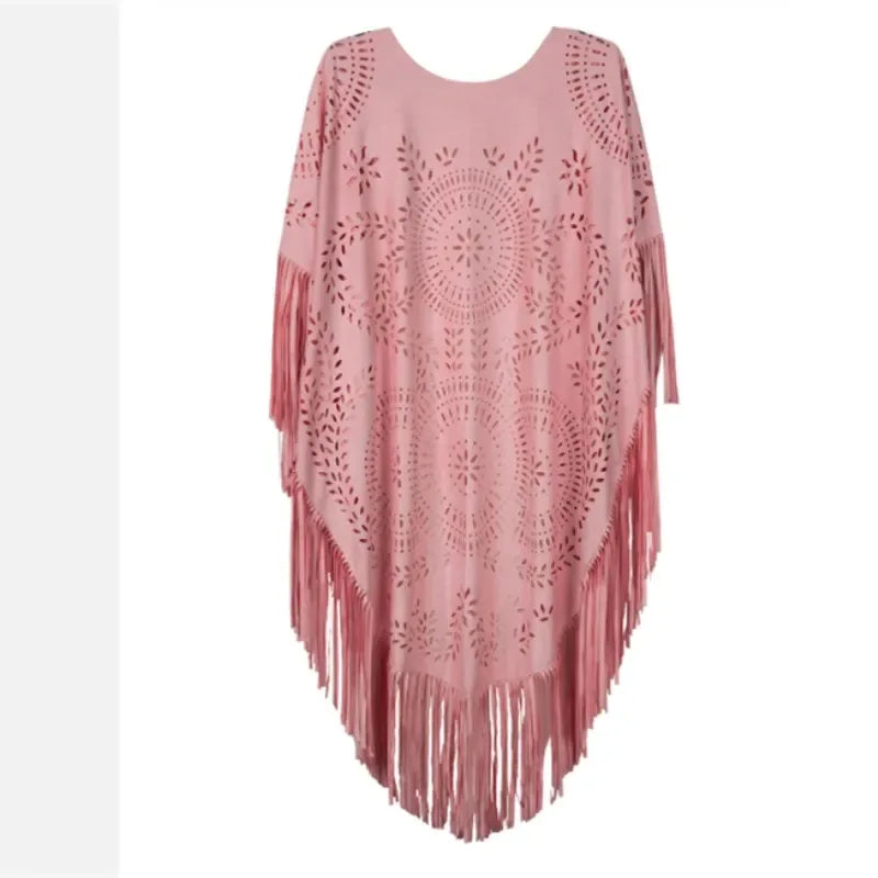 Camel Suede Fringe Shawl - Vintage Bohemian Floral Hollow Out Poncho Cape for Autumn