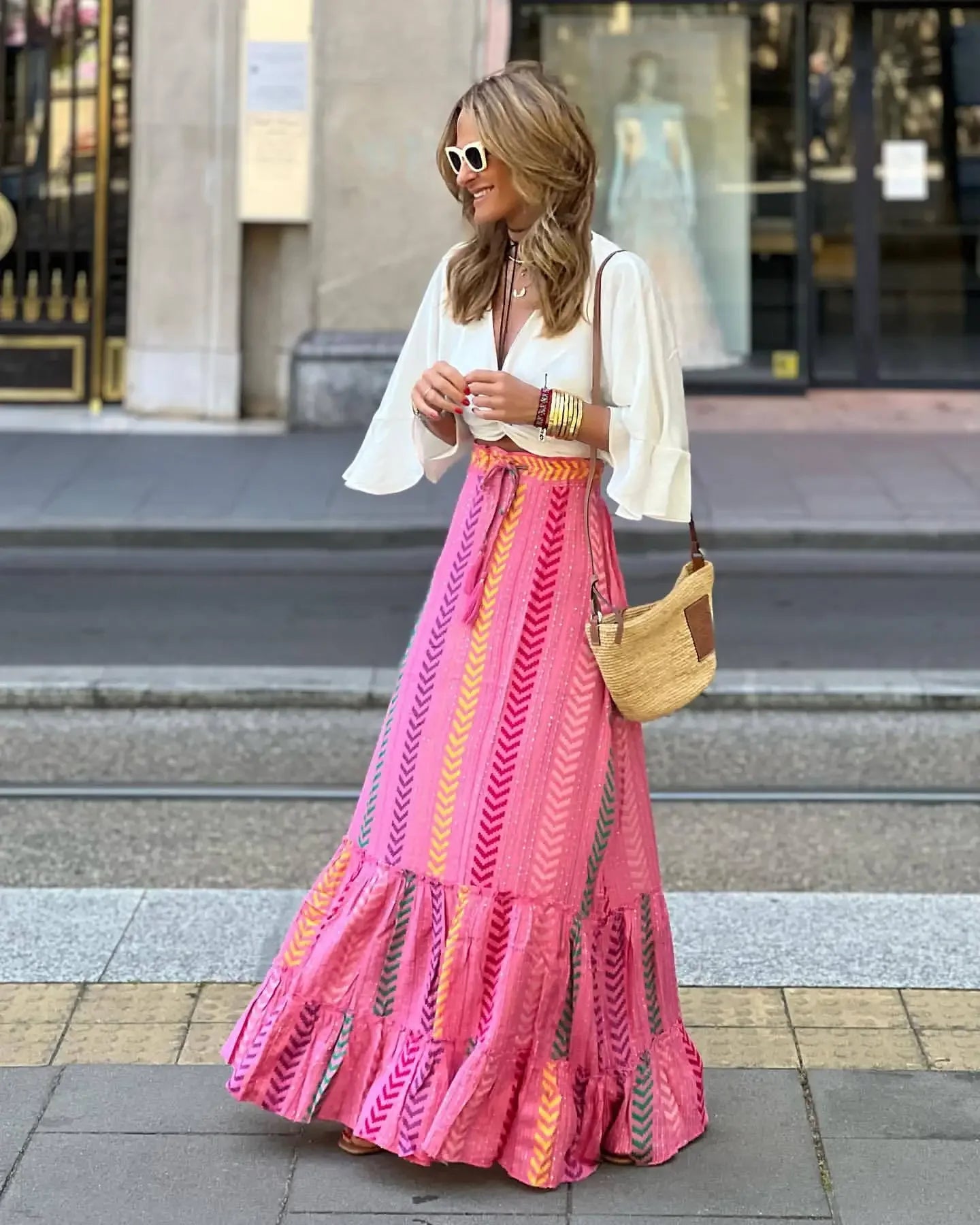 Bohemian A-line Skirt for Women – Loose Ruffle Summer Beach Vacation Skirt with Drawstring – Fashionable Streetwear