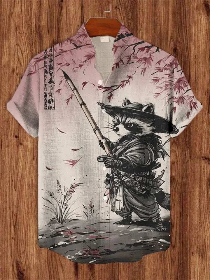 ⚔️ The Neko-Warrior Heritage: Premium Men’s 3D Samurai Cat Linen Shirt – High-Definition Plum Blossom Graphic Print, Breathable Organic Cotton-Linen Blend, and Sophisticated Harajuku-Inspired Summer Button-Down
