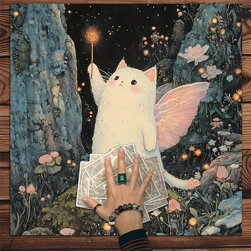 🔥 VIKAMA Magical Fairy Cat Tarot Tablecloth | Premium Mystical Altar Cloth – Machine Washable, Perfect for Tarot Divination & Meditation