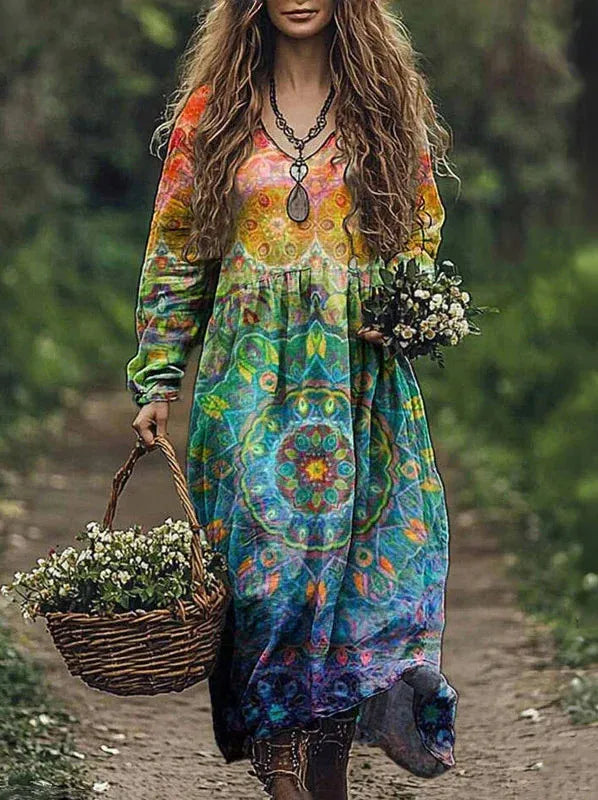 🛍️ Casual Women’s Vintage Printed Dress – V-Neck, Long Sleeves, Loose Large Swing Dress for Spring & Autumn