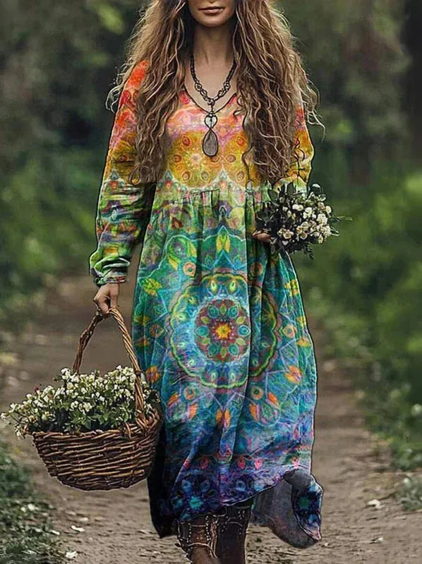 Casual Women’s Vintage Printed Dress - Long Sleeve Loose Swing Dress for Spring & Autumn