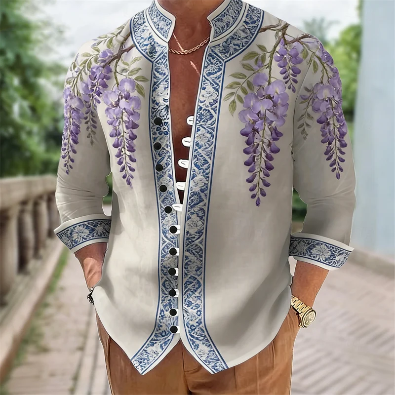 🎨 The Harajuku Multi-Dimension: Premium Men’s 3D Floral & Color-Block Long-Sleeve Shirt – High-Definition Digital Print, Avant-Garde Geometric Design, and Sophisticated Urban-Fit Streetwear Button-Down