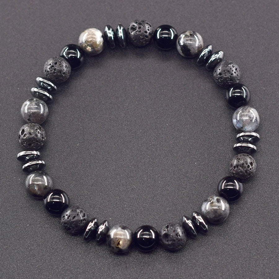 ✨ Classic Black Natural Labradorite & Volcanic Stone Beads Bracelet – Unisex Spiritual Protection and Energetic Balance Jewelry