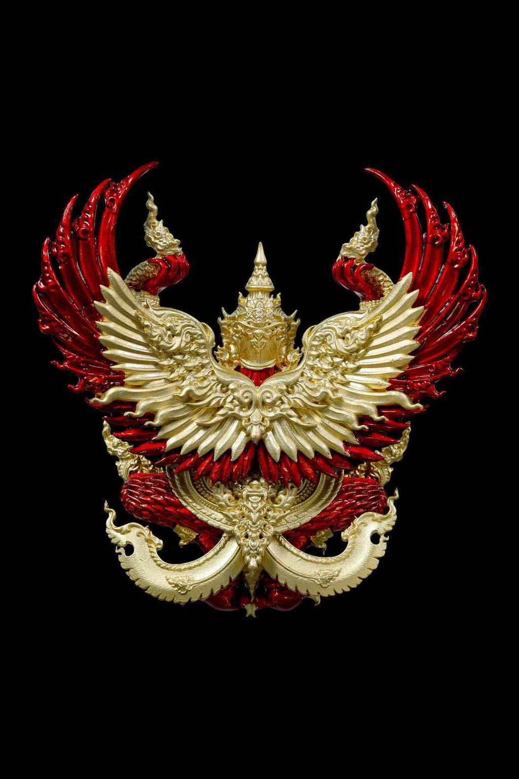 Authentic Thai guardian amulet featuring intricate red and gold design with mythical bird motifs