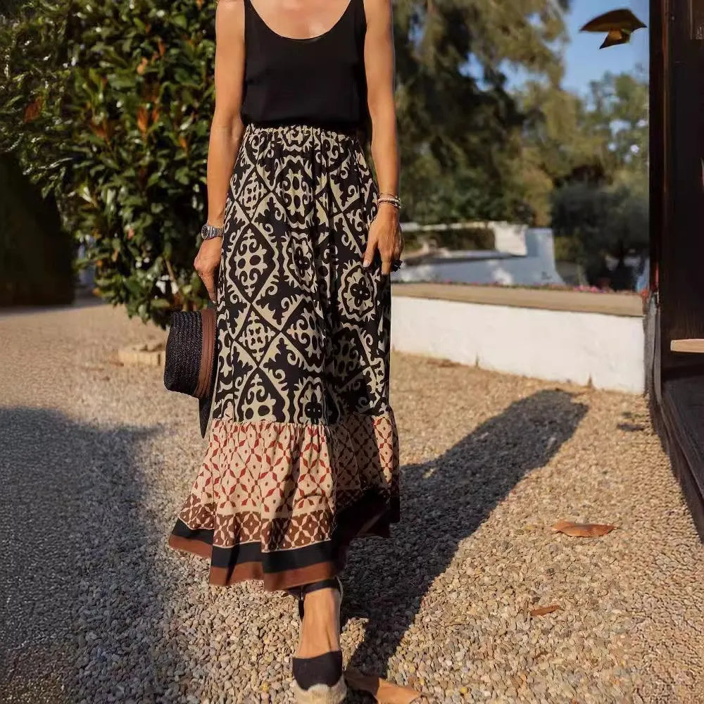 🌟 Women's Large Swing Skirt European And American Foreign Trade Printed Loose Splicing Half Skirt﻿
