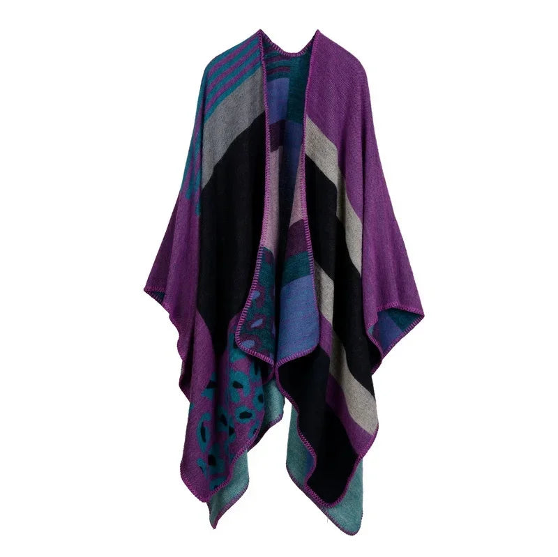 Winter Fashion Poncho Women Capes Scarf Imitation Cashmere Ladies Scarves Warm Shawls Wraps Woman Ponchos Bufanda Mujer Foulard One Size 2Leopard-purple