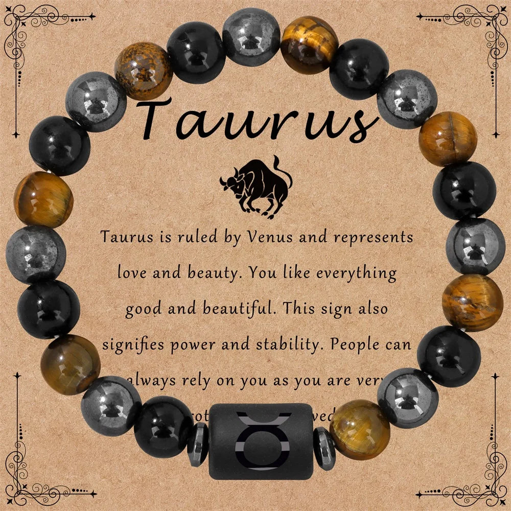 ✨ 12 Constellation Zodiac Sign Bracelet – Tiger Eye, Hematite & Obsidian Triple Protection Stone Beaded Bangle – Empowering Energy Jewelry Gift Taurus