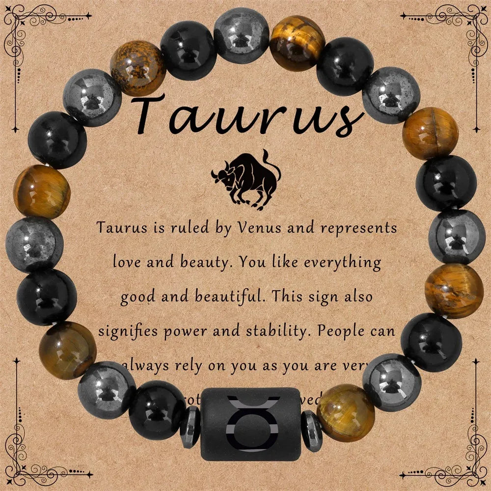 ✨ 12 Constellation Zodiac Sign Bracelet – Tiger Eye, Hematite & Obsidian Triple Protection Stone Beaded Bangle – Empowering Energy Jewelry Gift Taurus