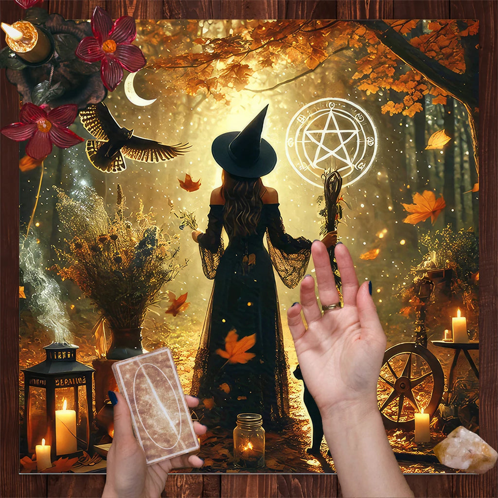 🃏 Witch Autumn Black Cat Tarot Tablecloth – Pentagram Altar Cloth for Divination, Halloween & Witchy Celebration Decor