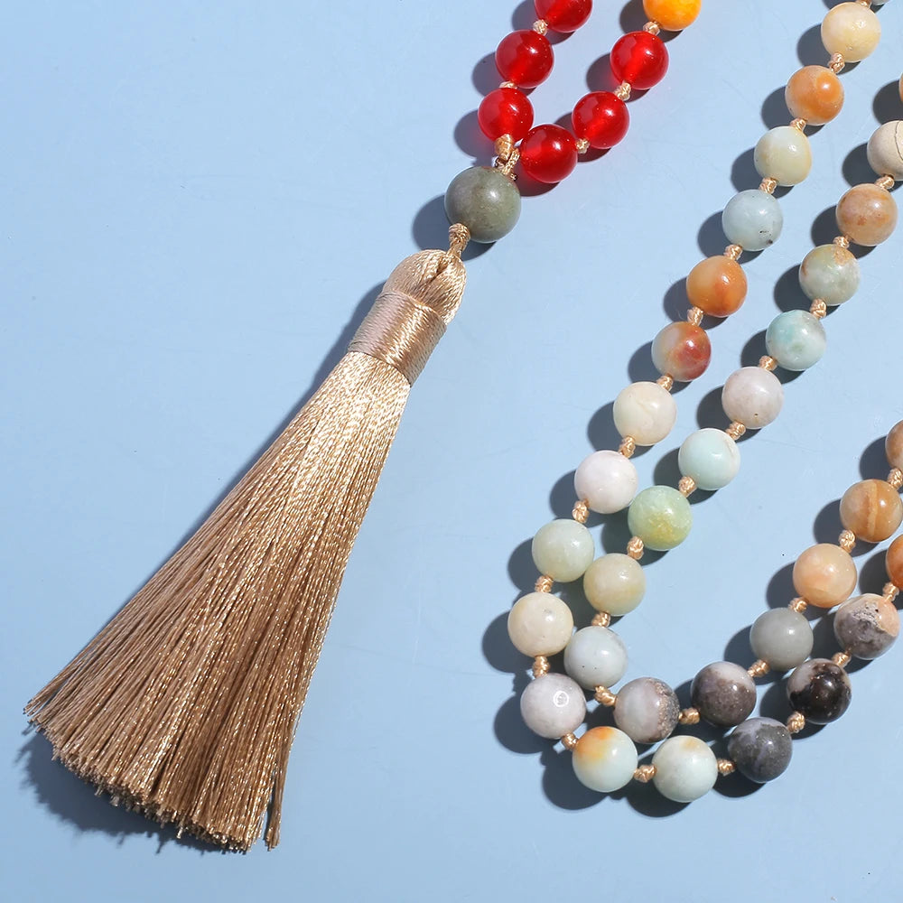 🌊 108 Bead Amazonite Mala Necklace: 8mm Knotted Prayer Beads with 7 Chakra Stones – "Stone of Hope" for Calming, Throat Chakra & Meditation