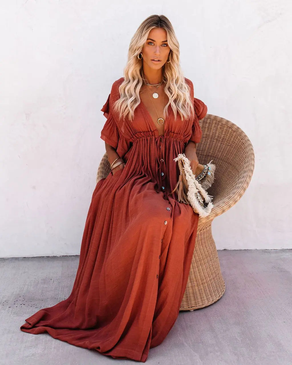 2024 Summer Long Bikini Cover Ups for Women Solid V-Neck Kimono Beach Dresses Lace Up Anti-Sun Swim Dress Bohemian Sarong Skirt One Size Brown