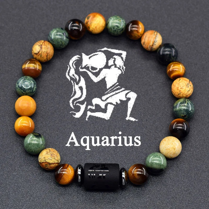 ✨ 12 Zodiac Constellation Signs Bracelet – Tiger Eye & Sparrow Picture Stone Beads – Virgo Charm Couple Jewelry for Men & Women 14 Aquarius 8 mm Beads