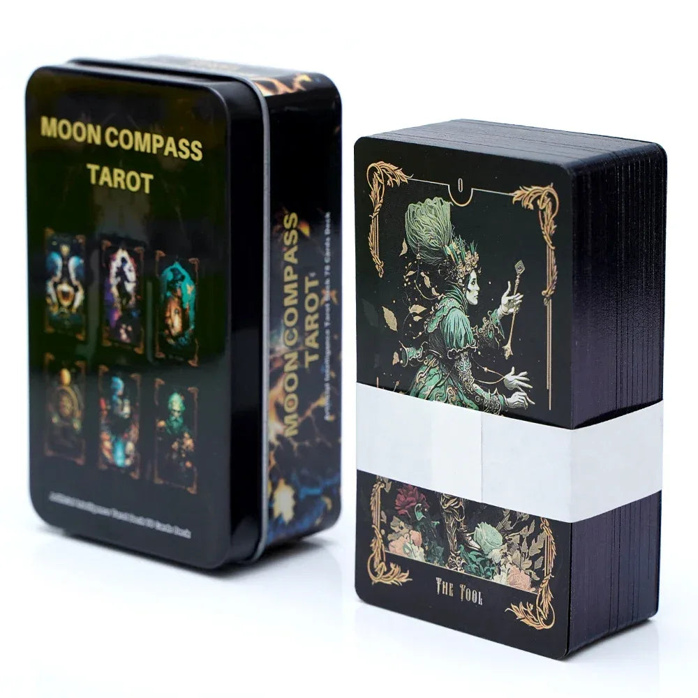 🌙 DMoon Compass Tarot & Del Toro Tarot Deck – 78 Cards | Gilded Edge, Paper Guidebook | Beginner Friendly | Tin Metal Box