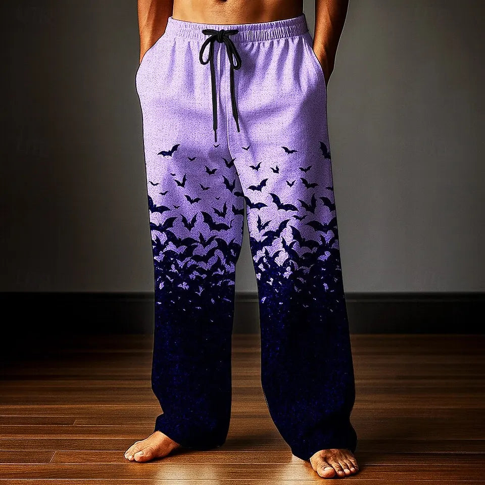 🦇 The Nocturnal Shadow: Premium Men’s Halloween Bat Print Trousers – High-Definition 3D Gothic Graphic, Mid-Waist Elastic Drawstring Fit, and Sophisticated Wide-Leg Casual Lounge Pants