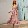 Women’s Bohemian Maxi Dress - Casual Chiffon Dress with Full Sleeves, High Waist, and Floral Print for Spring and Autumn 1