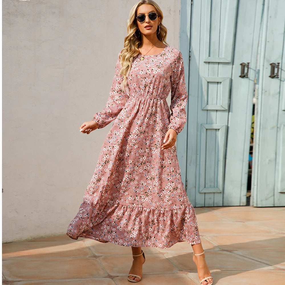 👗 Women’s Bohemian Maxi Dress – Spring Autumn Casual Chiffon Dress with Full Sleeves, High Waist, and Floral Print