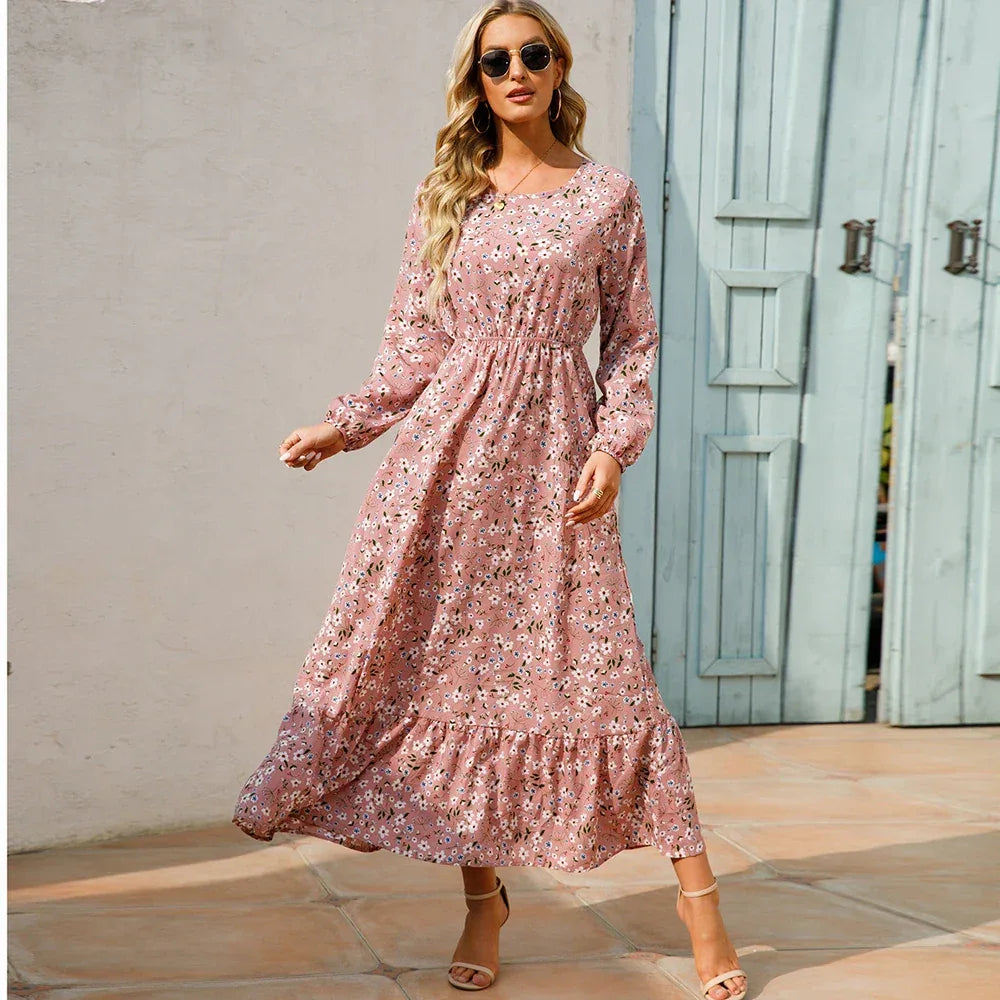 Women’s Bohemian Maxi Dress - Casual Chiffon Dress with Full Sleeves, High Waist, and Floral Print for Spring and Autumn 1