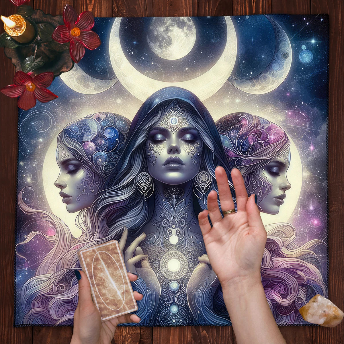 🃏 Purple Crystal Moon Tarot Tablecloth – Witch Altar Cloth with Starry Sky Design for Witchcraft, Astrology & Oracle Card Divination