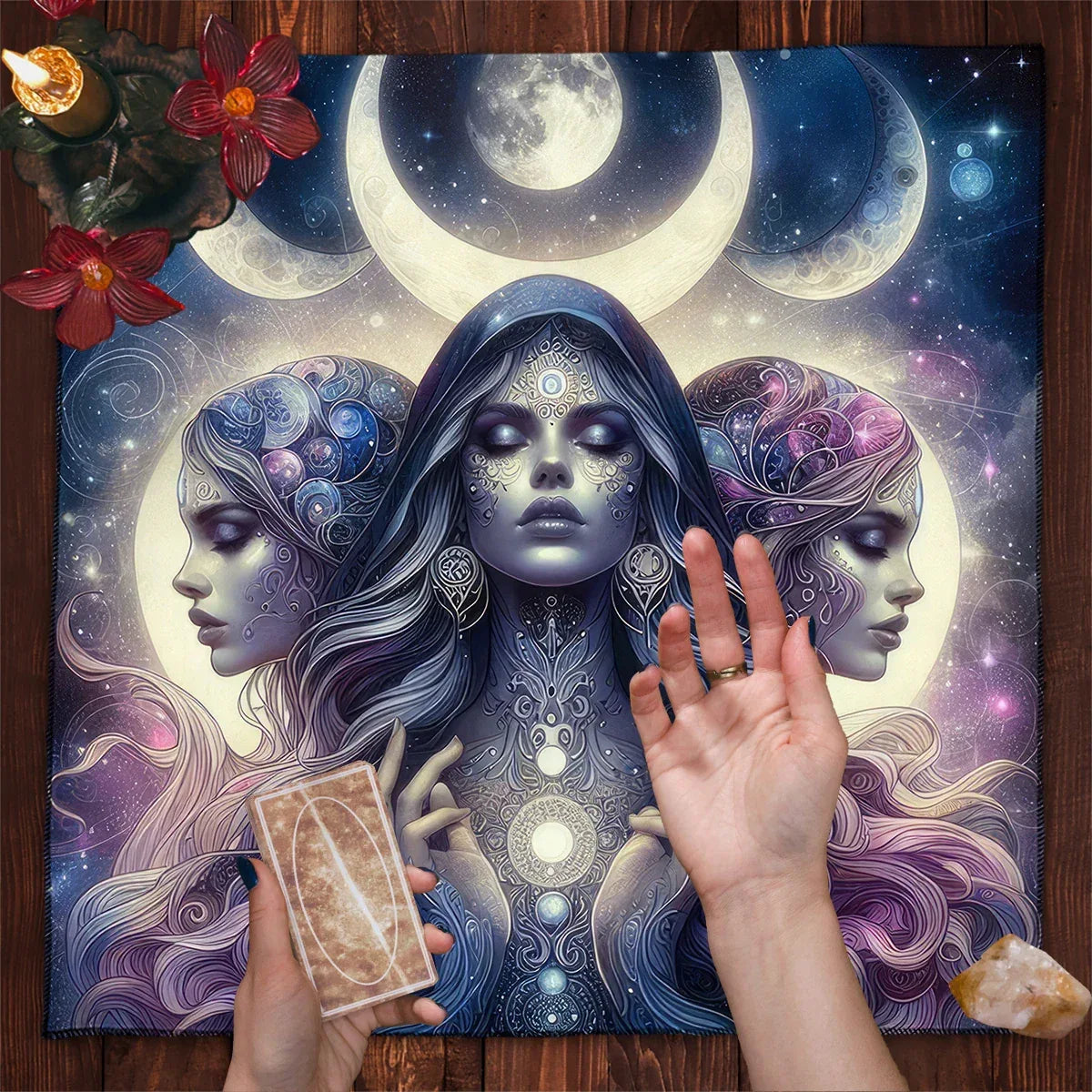 🃏 Purple Crystal Moon Tarot Tablecloth – Witch Altar Cloth with Starry Sky Design for Witchcraft, Astrology & Oracle Card Divination