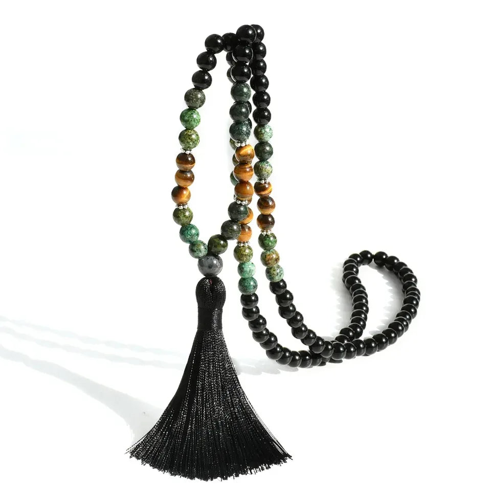 📿 The "Zen Guardian" 108 Mala: Black Agate & Tiger Eye Traditional Chinese Prayer Necklace