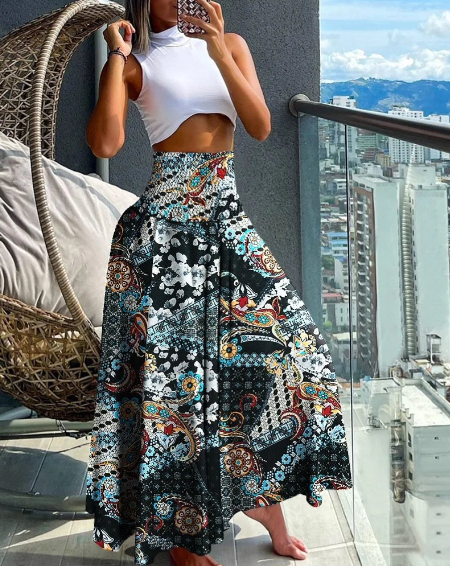🛍️ Boho Beach Skirt – Vintage Printed Long A-Line Skirt with Elastic High Waist, Big Hem for Women’s Vacation and Spring-Summer Fashion
