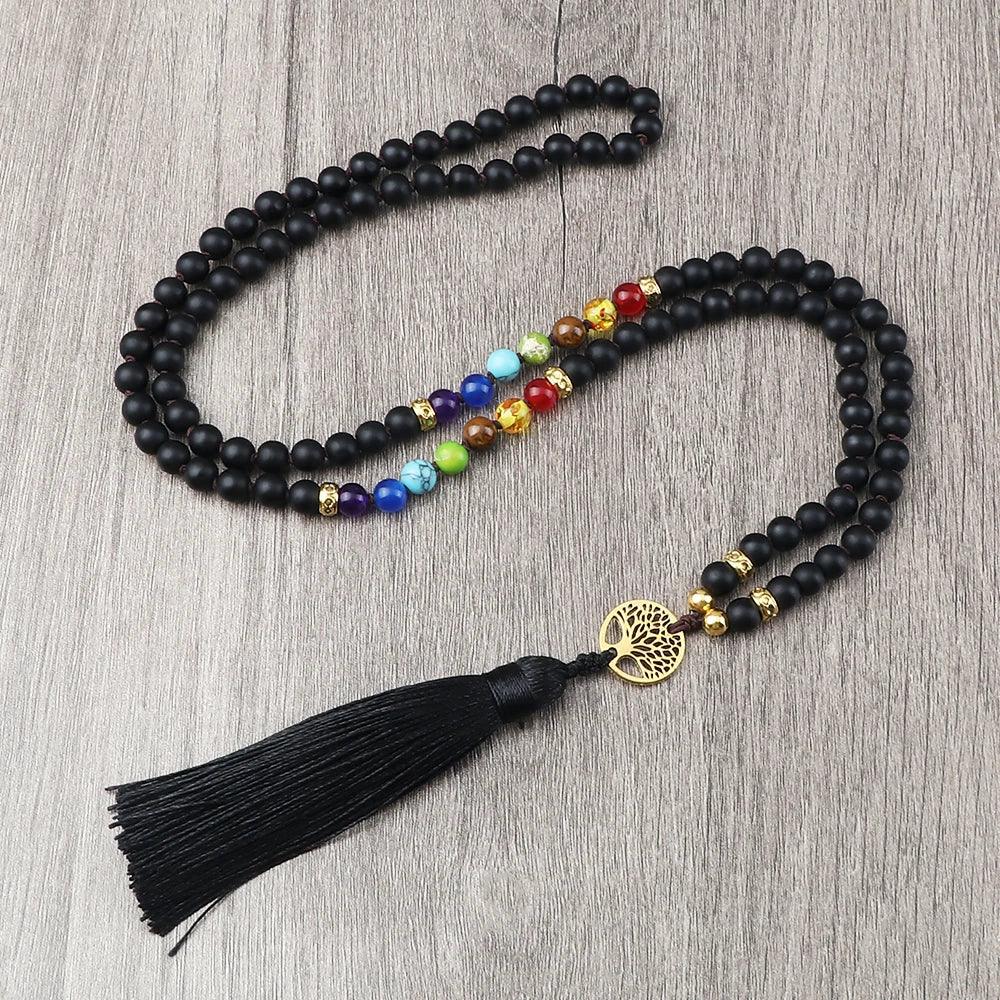🐯 Tiger Eye & Black Onyx 108 Mala Necklace with Tree of Life Pendant – 7 Chakra Healing Crystal Beads & Protection Rosary Jewelry for Men & Women