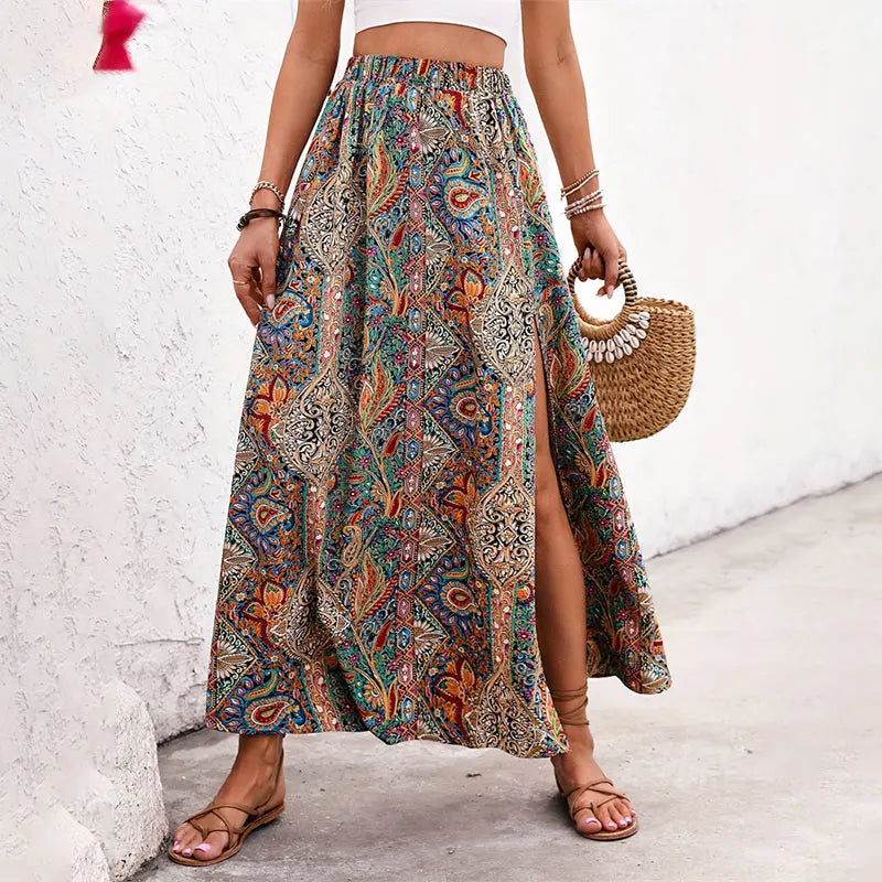 👗Bohemian Boho Retro Floral Print Skirts – Women’s Indie Folk Summer High Waist A-Line Pleated Long Skirts