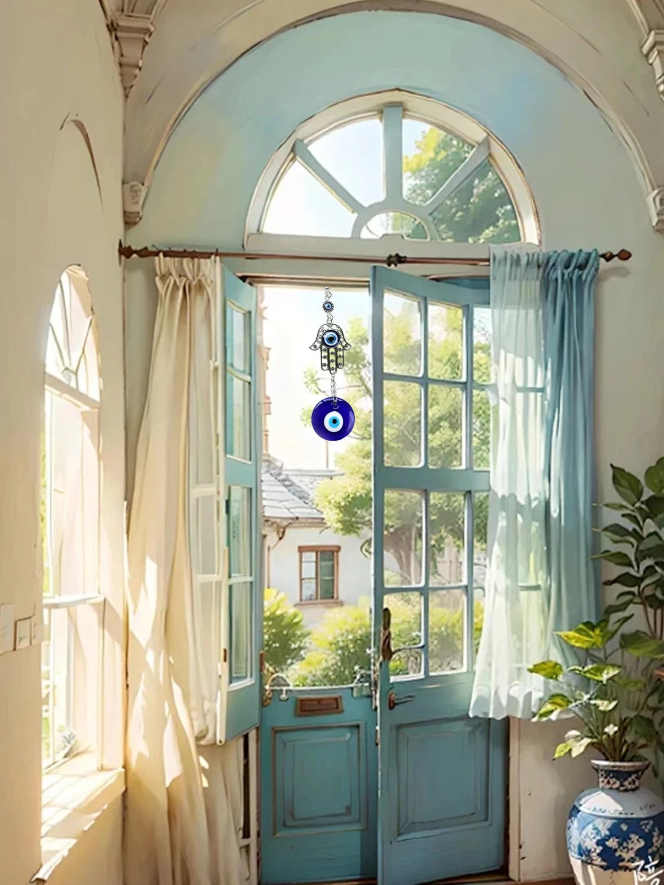 🧿 Devil's Eye Glass Eye Pendant – Turkish Jewelry with Blue Eye Alloy Palm Charm | Protective Talisman & Stylish Accessory | Free Shipping